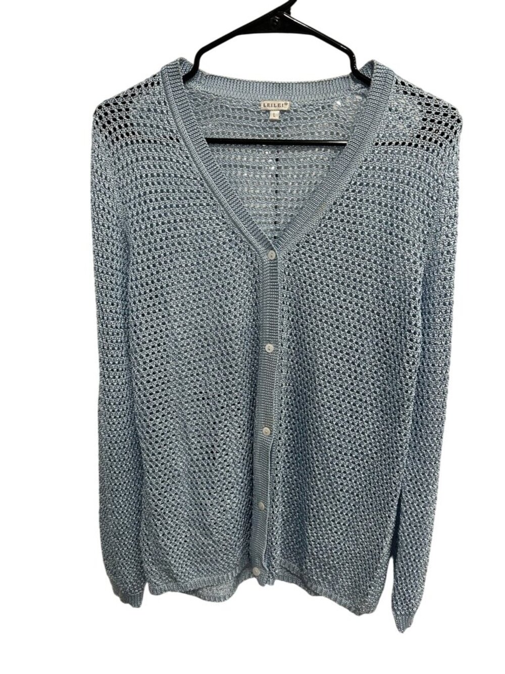Leilei Open Weave Cardigan Sweater Blue Sz L Silk Button Front VNeck Cozy Layers